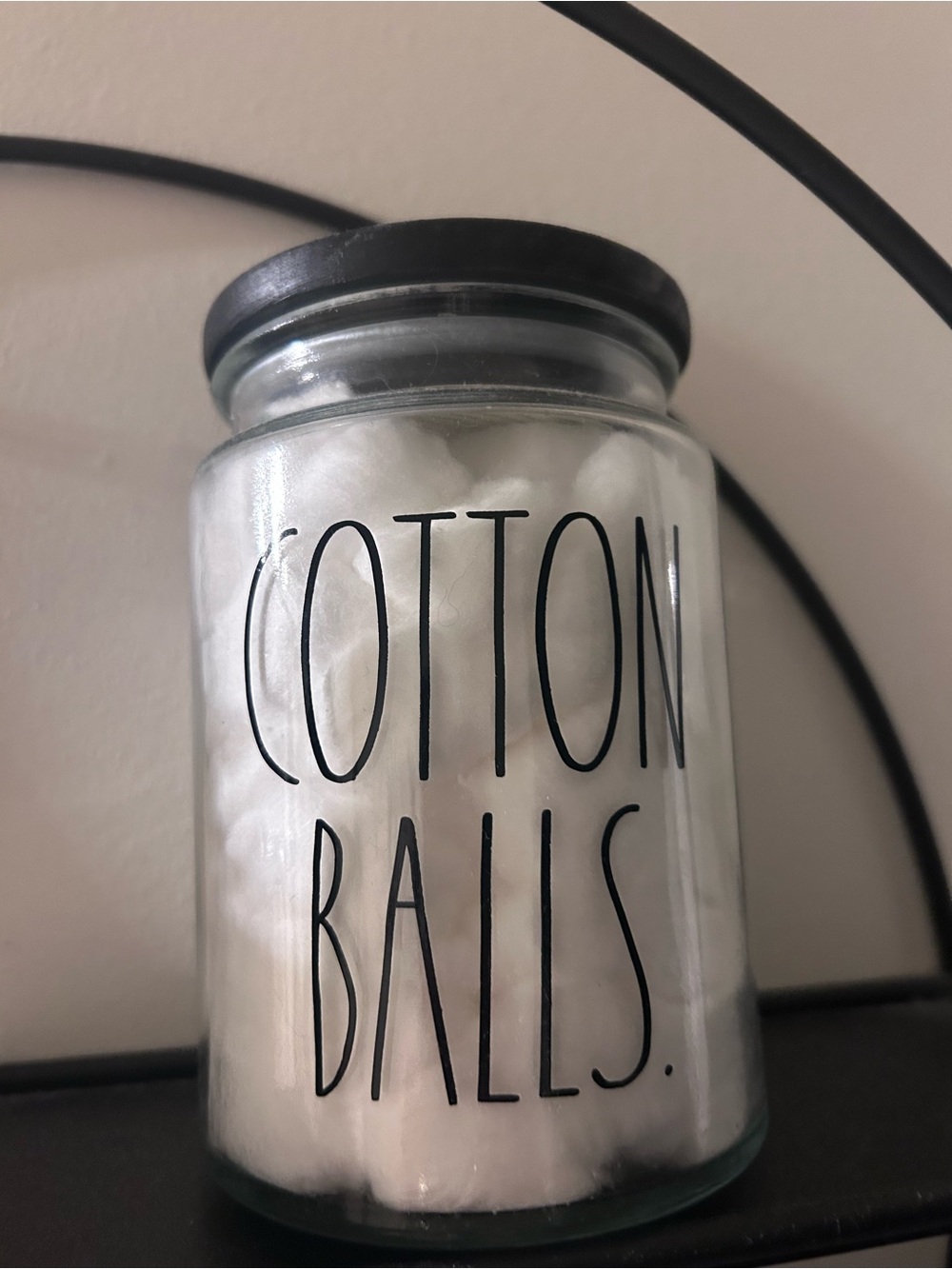 Rae Dunn Clear Glass Cotton Balls Jar with Black Lid (Wood)